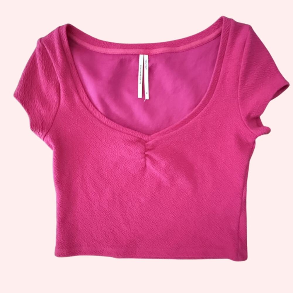 Anthropologie Hot Pink Textured Crop Baby Tee Scoop Neck Short Sleeve XS